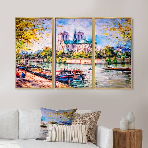 Designart "Notre Dame Paris" Landscape Framed Artwork Set of 3 - 4 Colors of Frames