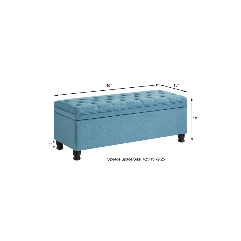 Linen Fabric Tufted Button Storage Bench with Spindle Wooden Legs
