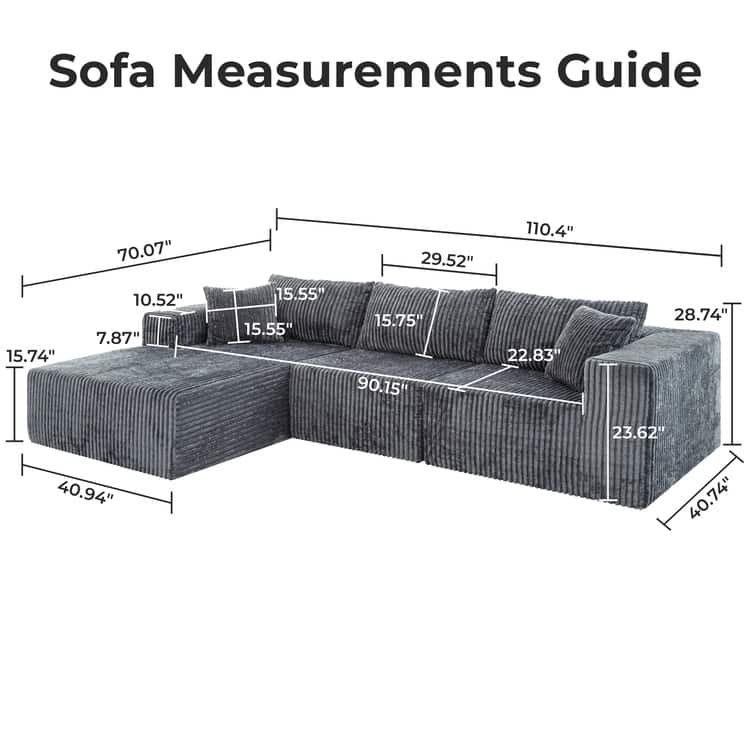 110" Modular Cloud Couch Sectional Sofa - Deep Seat Corduroy L-Shape Couch - Boneless Compressed Sofa