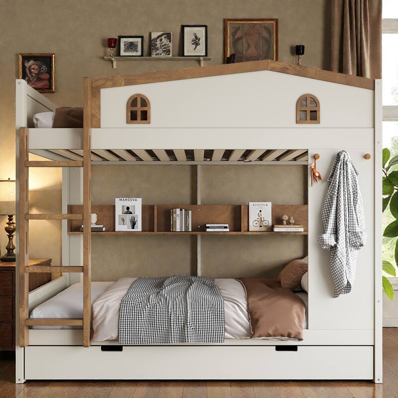 Solid Wood Bunk Bed with Trundle and Storage Shelves, Full Over Full/Queen Over Queen Bunk Bed with Hooks