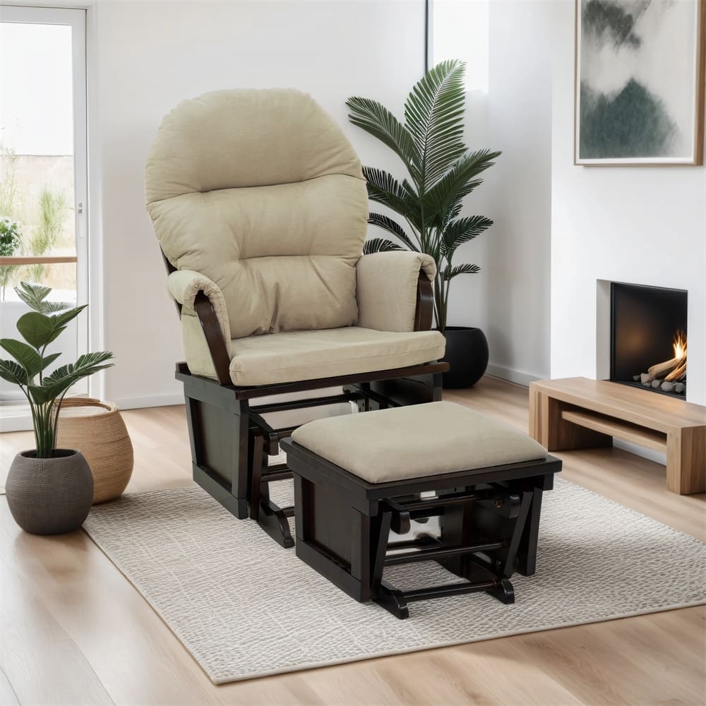 Rocking Chair with Ottoman, Thick Padded Cushion Seating and Wood Base