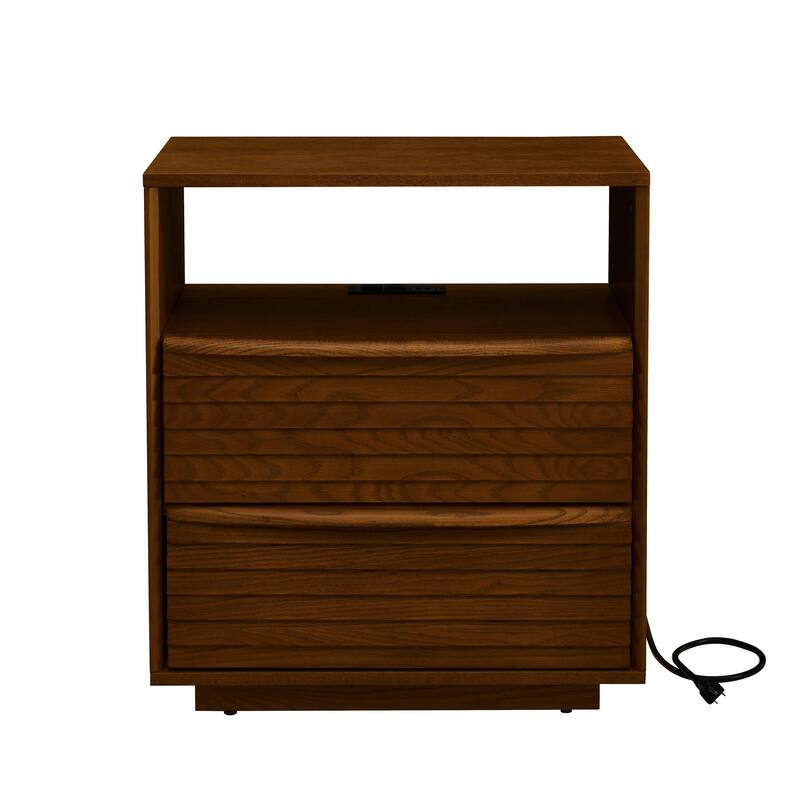 Mid Century Modern Nightstand with Charging Station & Outlet Hole & 2 Solid Wood Drawers