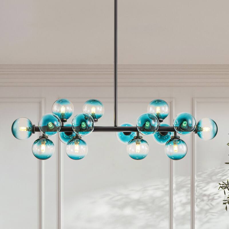 16-Light Modern Linear Cluster Gradient Blue Glass Globe Bubble Chandelier - 36.2 in. W x 11 in. H - Black
