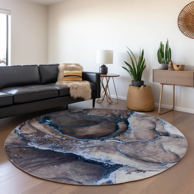 Premium Washable Super Contemporary Abstract Soft Mayfield Rug - Navy - 8' x 8' - Round