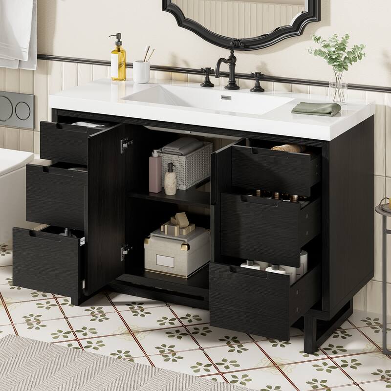 47.2" Space-Saving Bathroom Vanity with Resin Sink, 2 Doors & 6 Drawers, Soft-Close Hardware