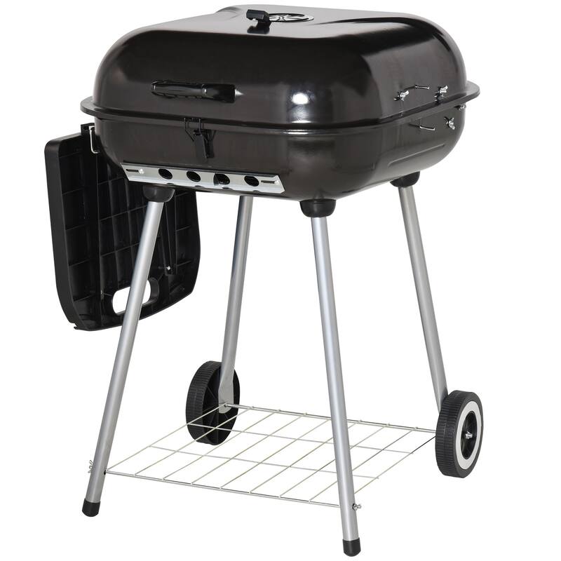 21" Portable Charcoal Grill with Wheels and Bottom Shelf, BBQ Smoker with Adjustable Vents on Lid - Steel