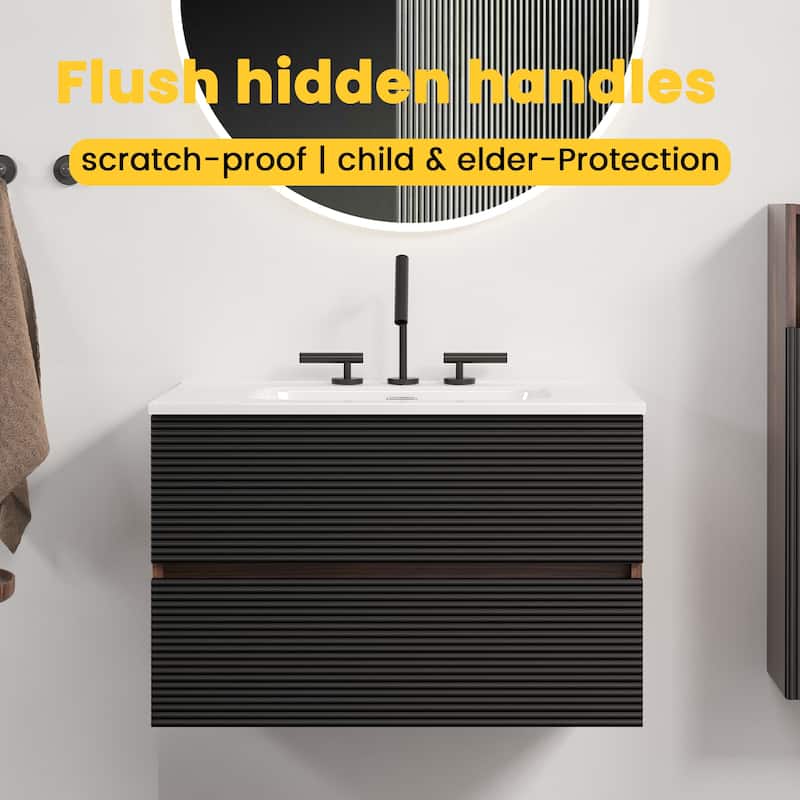 30" Wall-Mounted Bathroom Vanity with Integrated Ceramic Sink & Overflow, Large Storage Floating Cabinet