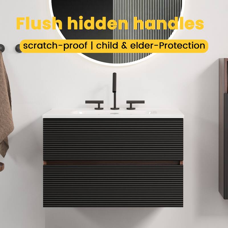 30" Wall Mounted Soft Black & Walnut Bathroom Vanity with Integrated Ceramic Sink with 3 holes