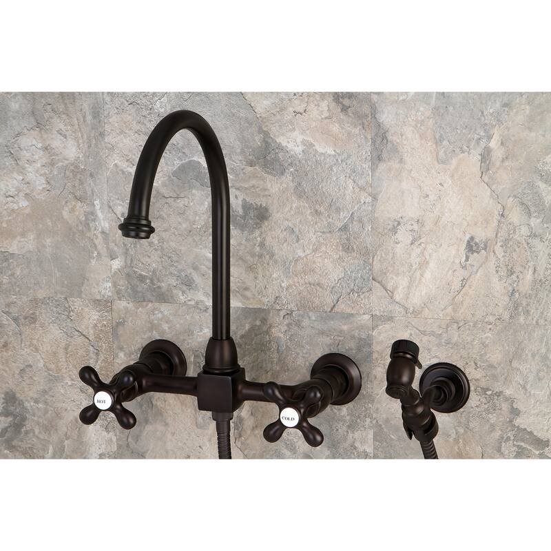 Kingston Brass Restoration Wall Mount Bridge Kitchen Faucet with Brass Sprayer
