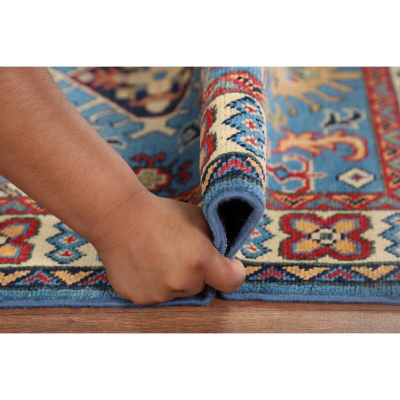Blue Geometric Kazak Foyer Rug Hand-Knotted Wool Carpet - 2'10" x 3'11"
