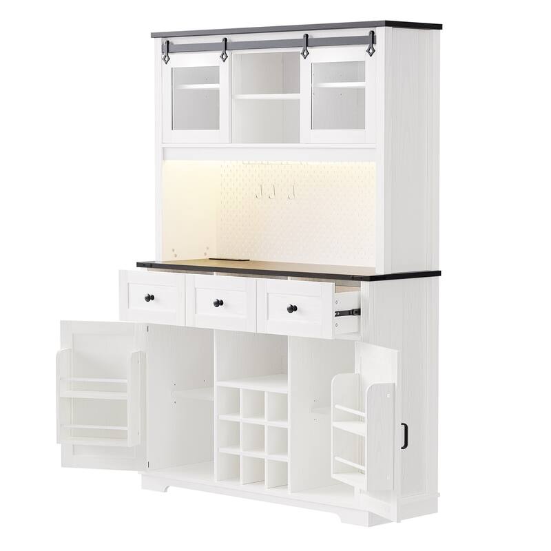 47.25'' Farmhosue Pantry Bar Cabinet in White Oak with Hutch,Power Outlet,Pegboard,Wine & Glasses Rack and 3 Drawers