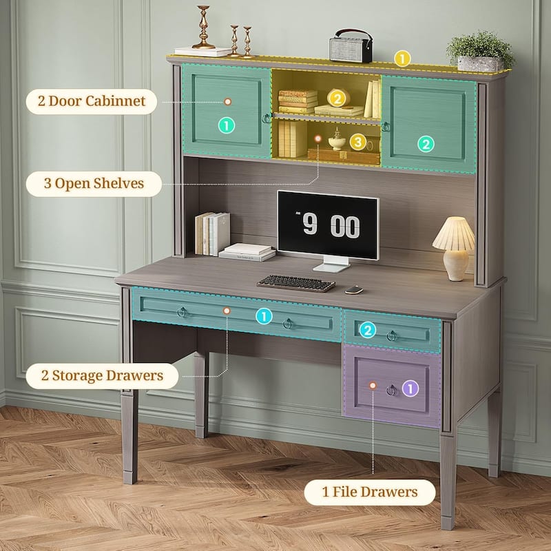 Farmhouse Executive L Shaped Desk Home Office Desk with Drawers and Storage Cabinet & Power Outlet