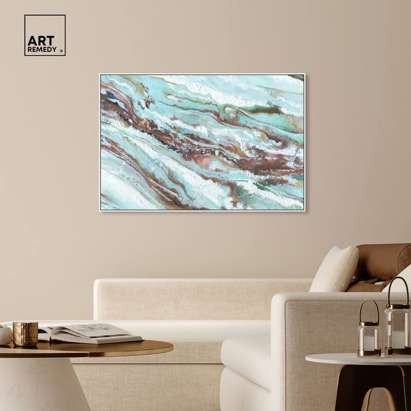 Art Remedy Mint Waves Framed Blue Abstract 1 Piece Canvas Wall Art