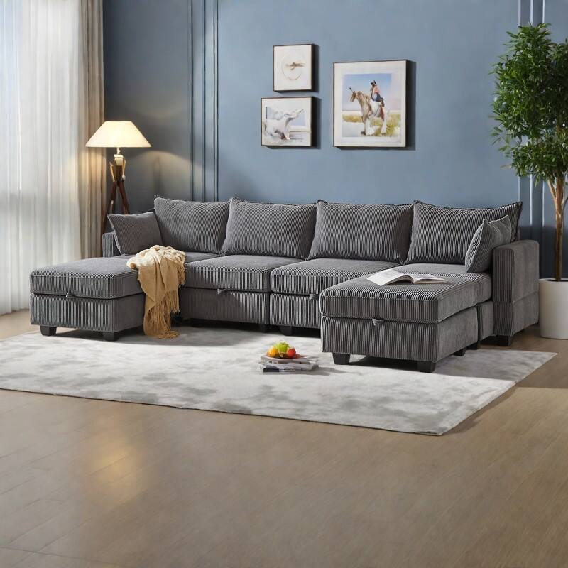 113.5" Corduroy U-Shaped Sectional Sofa with Storage Ottoman, 6-Seat Modular Design and Convertible Chaise - Dark Gray