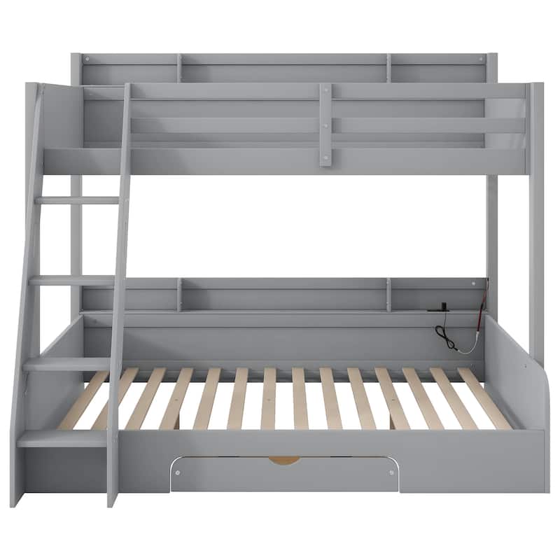 Twin over Full Bunk Bed Kids Bedroom Solid Wood Bed Frame with Sturdy Stairs, Dreamy Kids LED Bed with Charging Station & Drawer