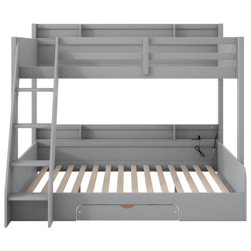 Wooden Bunk Bed Twin over Full Bunk Bed with 6 Up and Down Storage Shelves, LED, Charging Station, Stairs and Bottom Drawer