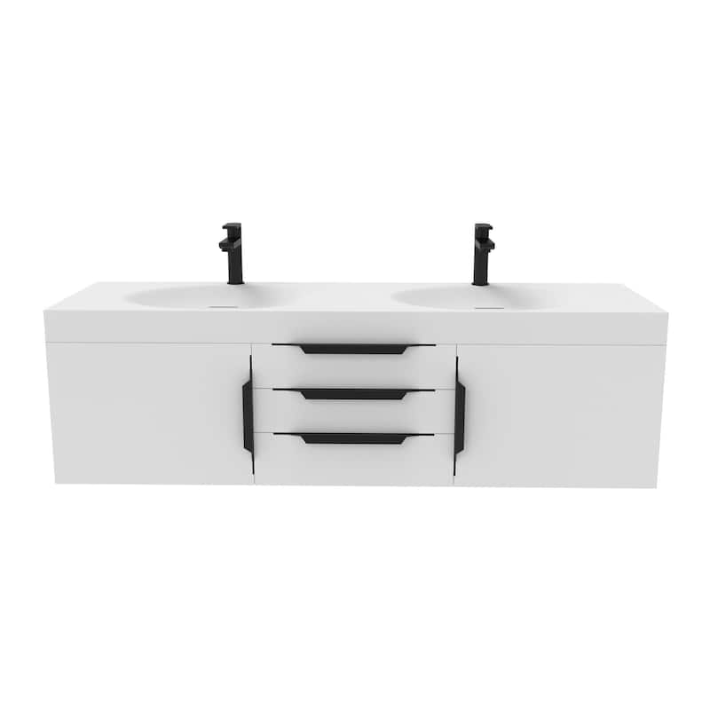 Thames 60" Shallow Basin Wall Mounted Bathroom Vanity Set w/ White Top - White - Matte