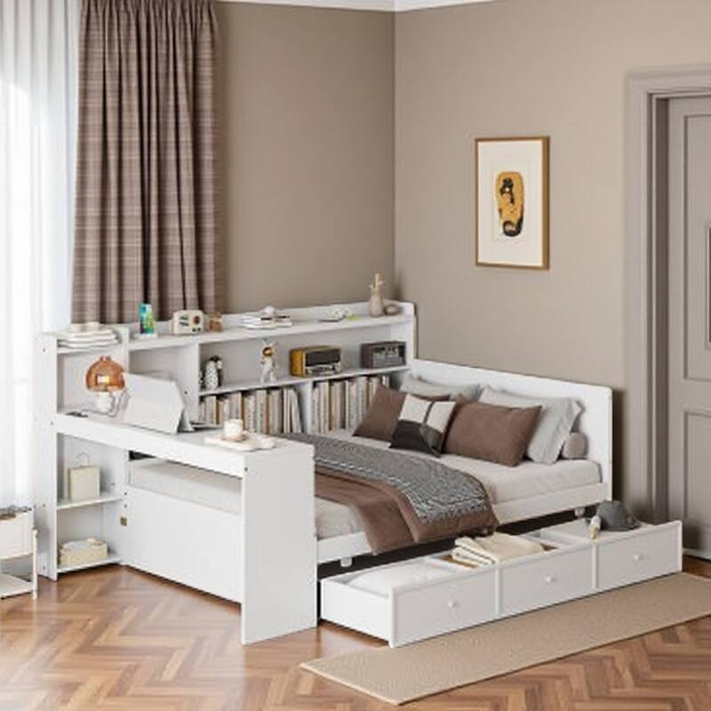 Full Size Pine Wood Daybed with 3 Storage Drawers, USB Charging Desk, and Side Compartments - White