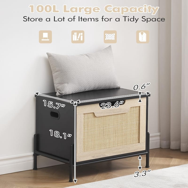 Square Rattan Foot Rest Stool, Storage Entryway Bench for Small Spaces, Storage Ottoman for Living Room Coffee Table,