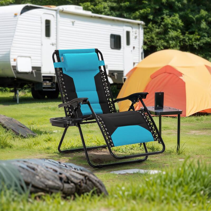 MAISON ARTS 2 XL Zero Gravity Recliners Padded Folding Lounge Chairs with Cup Holder - Aqua Blue