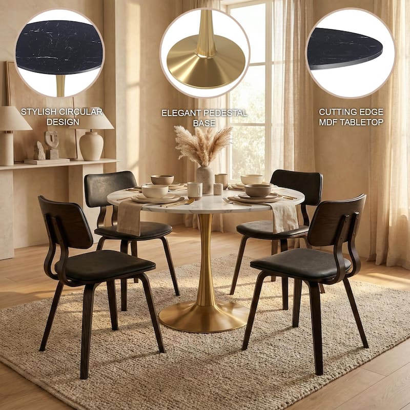 Bristol 31-inch Round Dining Table, Gold Pedestal Base Kitchen Table, Easy-Clean Scratch Resistant Surface, Floor Protectors