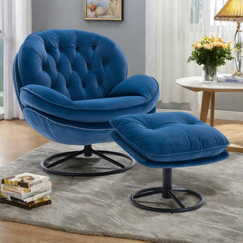 Velvet Swivel Accent Chair 360° Rotating Lounge Chair with Ottoman and Metal Legs