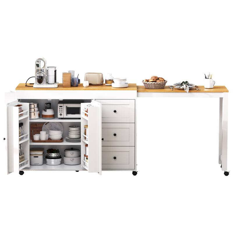 Roomfitters 74.8" Rolling Kitchen Island with Extendable Dining Table, Mobile Cart with Power Outlet, 3 Drawers & Racks