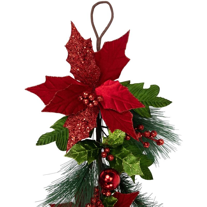 48" Glittered Red Poinsettia and Long Pine Christmas Swag, Unlit