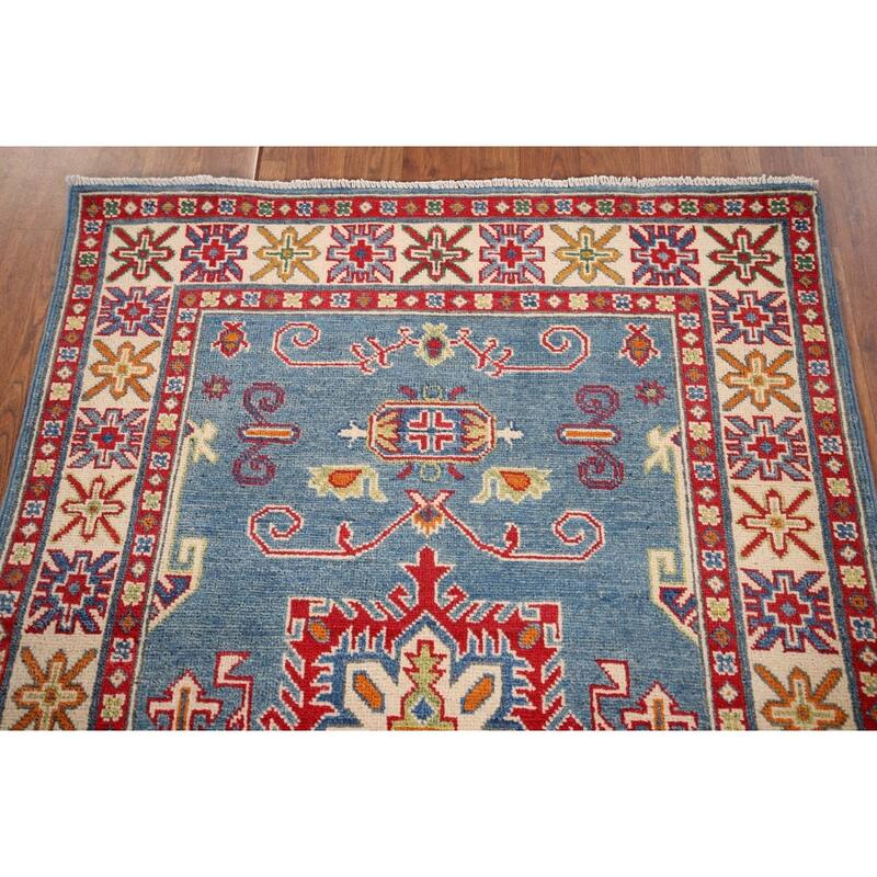 Light Blue Geometric Kazak Accent Rug Hand-Knotted Foyer Wool Carpet - 3'4" x 4'11"