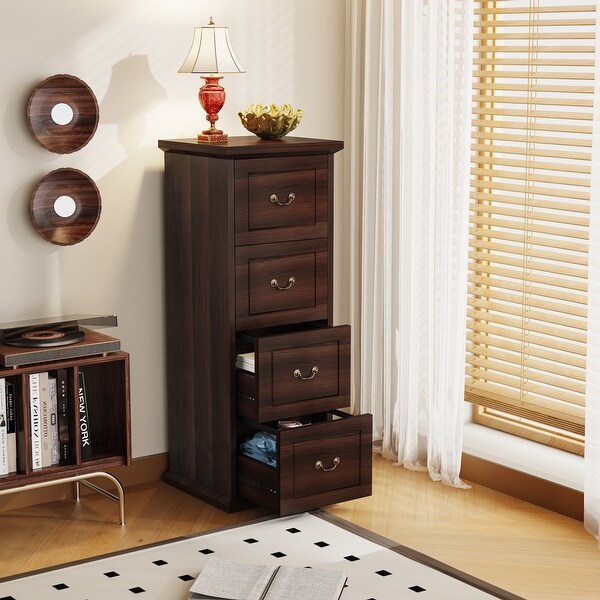 4 Drawers Vertical Storage Cabinet Tall Dresser Cabinet Wood Freestanding Floor Storage Cabinet Walnut