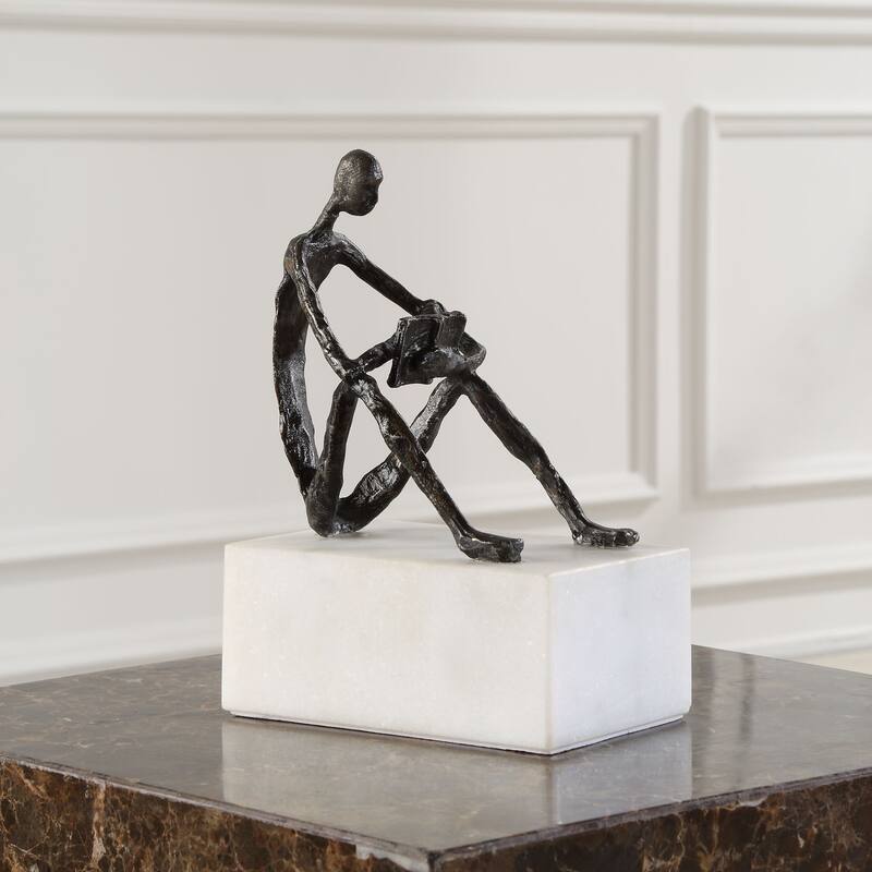Reading Tabletop Sculpture - 8.75" - Bronze and White