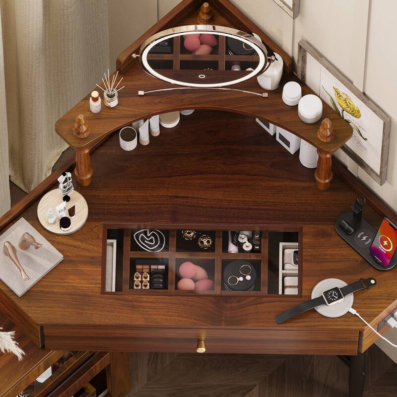 Roomfitters Corner Vanity Desk Set with Stool, Charging Station, Glass Top, Drawer, Shelf, Pull-Out Cabinet
