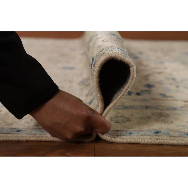 Hand Knotted Oriental 100% Wool Carpet Transitional All-Over Beige & Ivories Oushak Runner Rug - 12' 5'' X 3' 0''