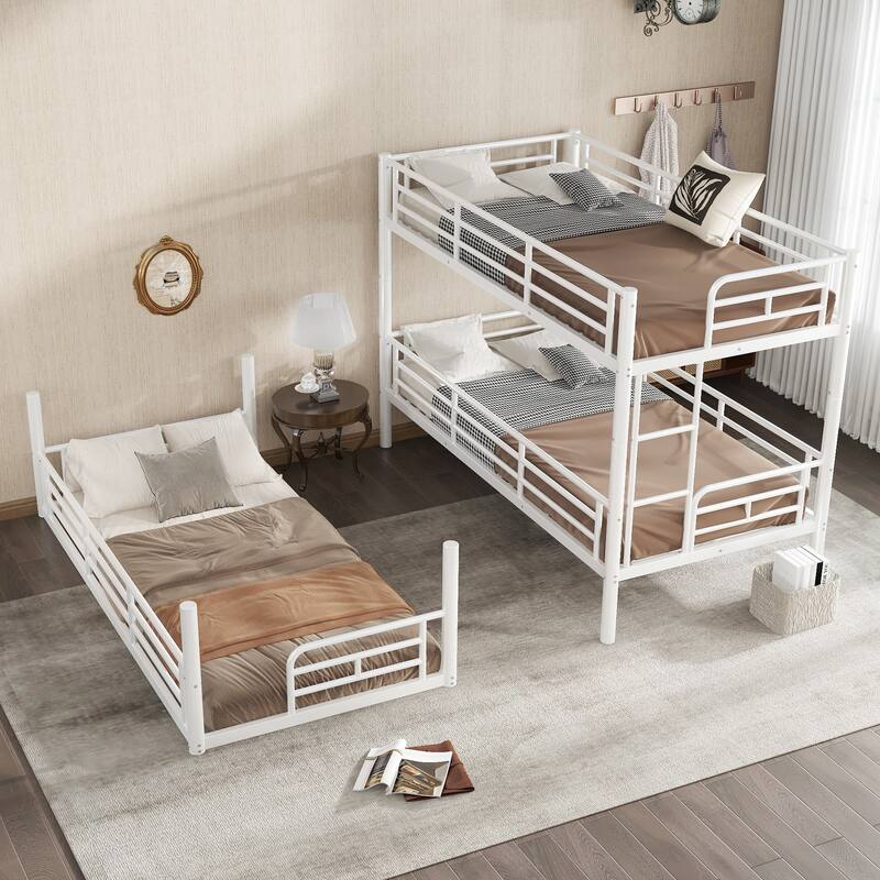 Twin over Twin over Twin Bunk Bed, Metal Triple Bunk Bed with Safety Guardrails, Heavy-duty Bunk Bed with Noise-reduced Design