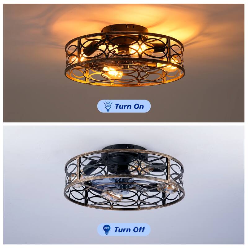 20 inch Flush Mount Ceiling Fan Light with Remote Caged Farmhouse Fandelier Black Wood Low Profile