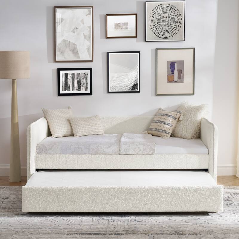 Upholstered Tufted Daybed, Boucle Fabric Sofa Bed Frame with Trundle