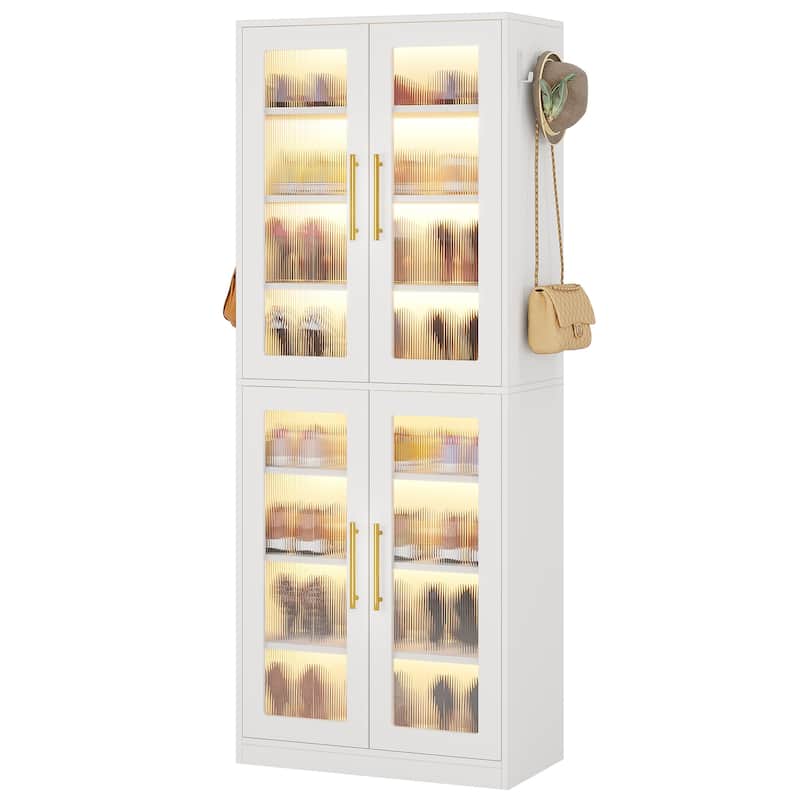 Modern Tall Entryway Shoe Storage Cabinet with Acrylic Doors and LED Light - 8-Tier