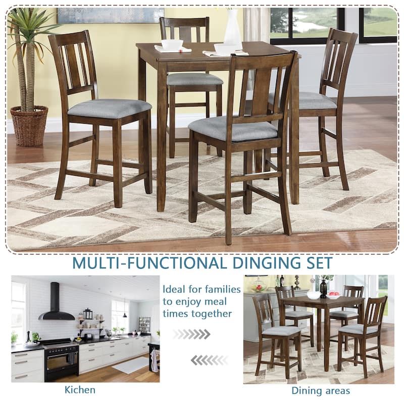 GDFStudio - Montara 5-Piece Farmhouse Wooden Square Counter Height Dining Table Set with 4 Upholstered Chairs