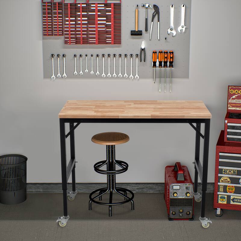Industrial Workbench Desk with Adjustable Height and Heavy Duty Wheels for Garage and Workshop or Home Office Use - Black