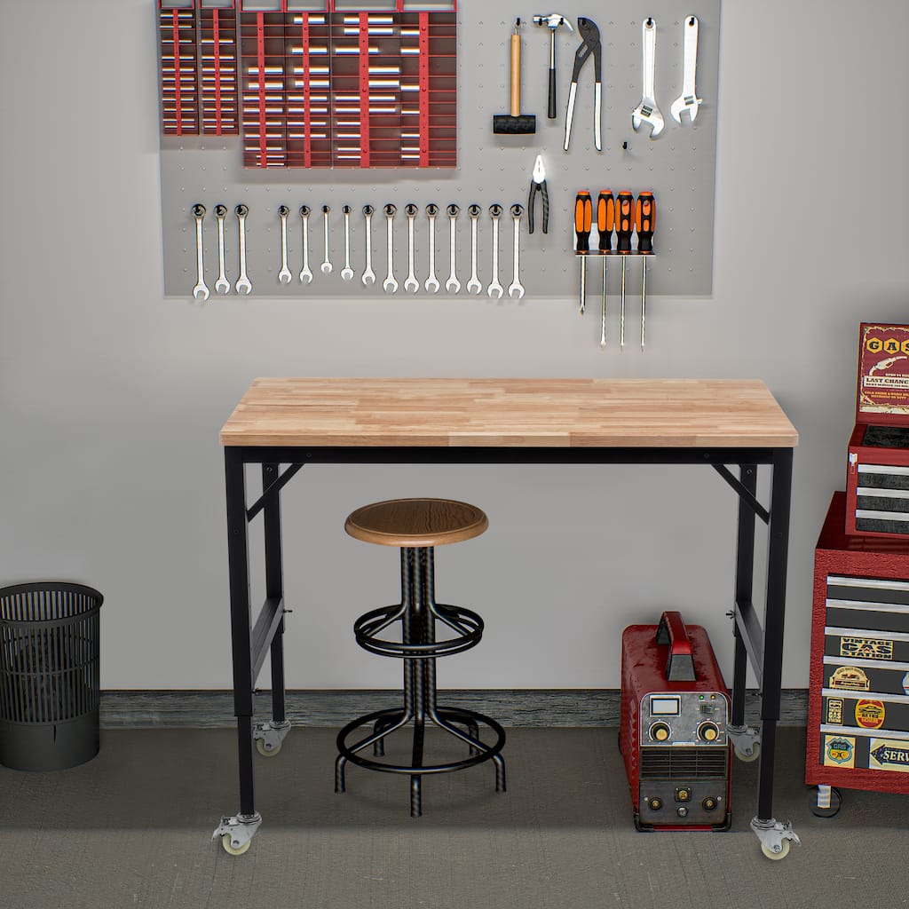 Industrial Workbench Desk with Adjustable Height and Heavy Duty Wheels for Garage and Workshop or Home Office Use