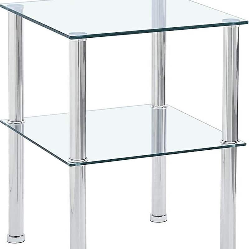 HomeRoots Set of Two Clear and Silver Glass and Metal Square End Tables With Shelf - 17.71 in. x 23.62 in. x 17.71 in.