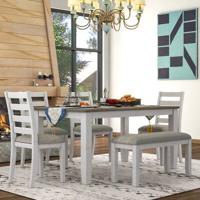 Farmhouse 6-Piece Dining Set with Rectangular Dining Table and Ergonomic Chairs & Bench Seating for Living Room