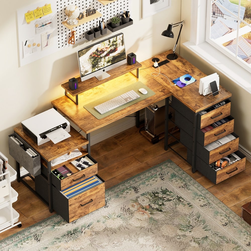 Modern Farmhouse 71'' L Shaped Desk with File Drawers, Reversible Computer Desk with Power Outlets and Smart LED Lights