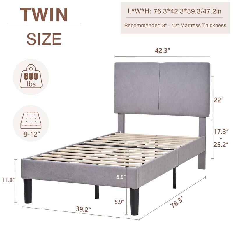 Javlergo 2 Pack Kids Upholstered Platform Bed Frame with Type-C USB Charging Station Adjustable Split Headboard Bed Set of 2