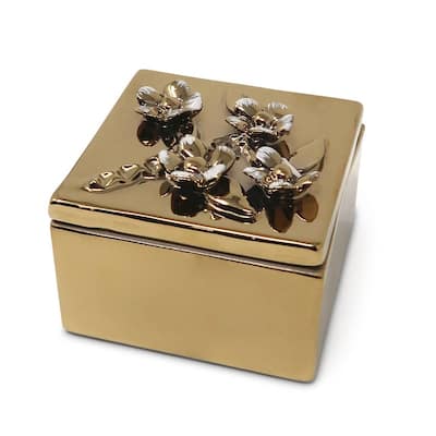 Square Gold Decorative Box With Flower Design On The Lid