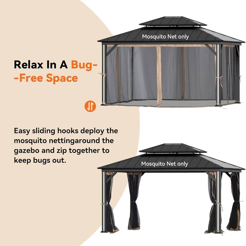 12' x 14', Outdoor Gazebo Mosquito Nettings with Double Zipper, Replacement for Patio Canopy, Garden (Mosquito Net Only)