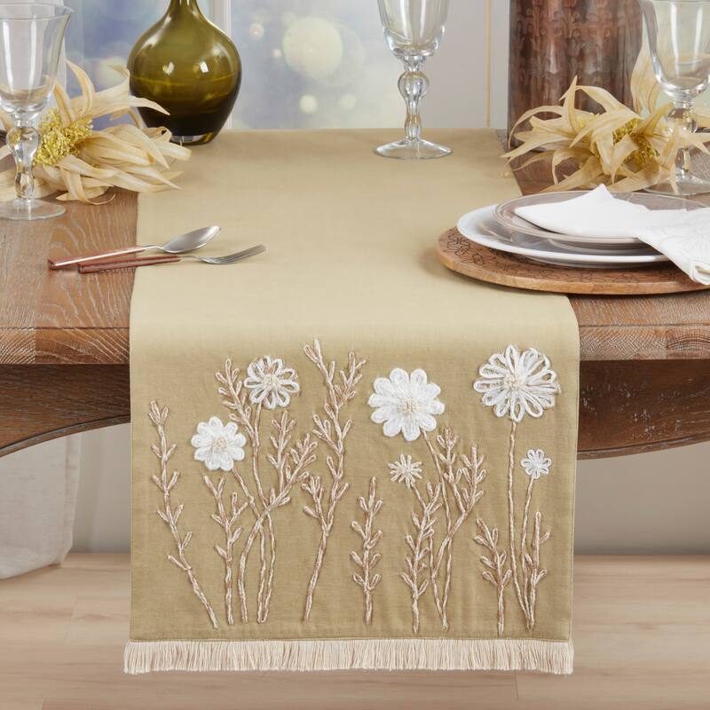 Embroidered Floral Table Runner - Lined Decorative Table Runner with Fringe for Dining & Console Tables, 16"x72"