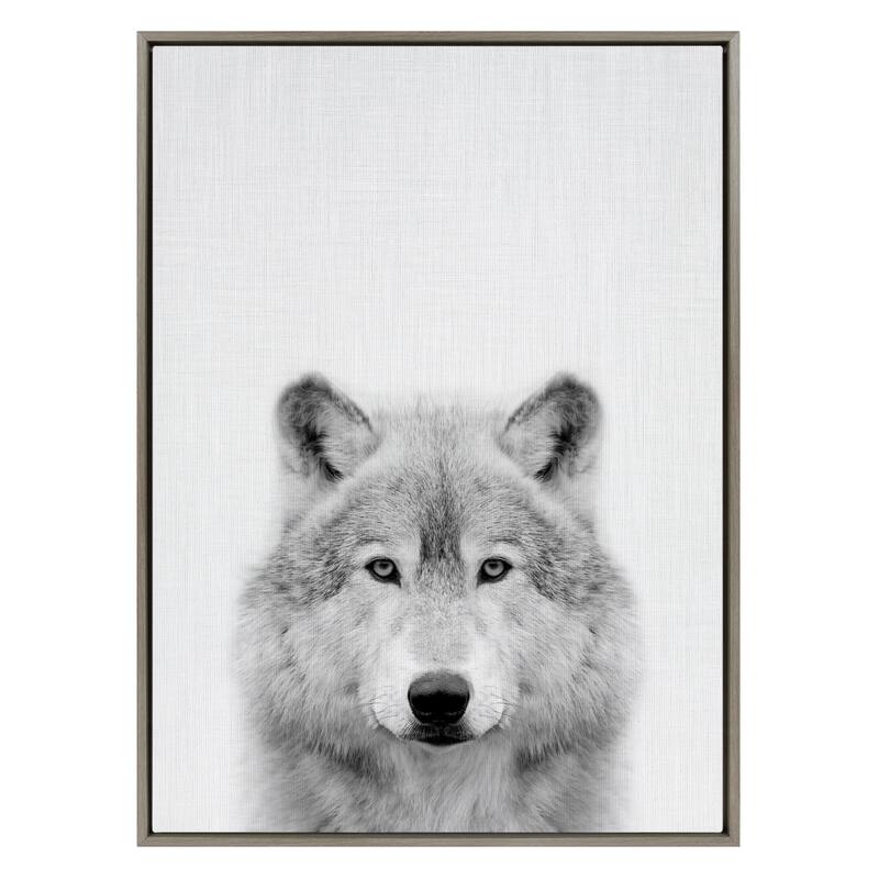 Kate and Laurel Sylvie Wolf Black and White Portrait Framed Canvas Wall Art by Simon Te Tai, 18x24 Gray