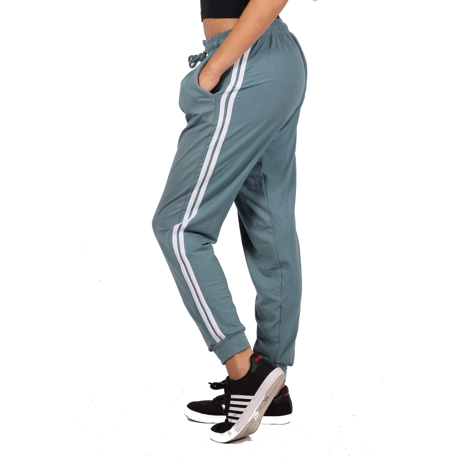 blue joggers white stripe