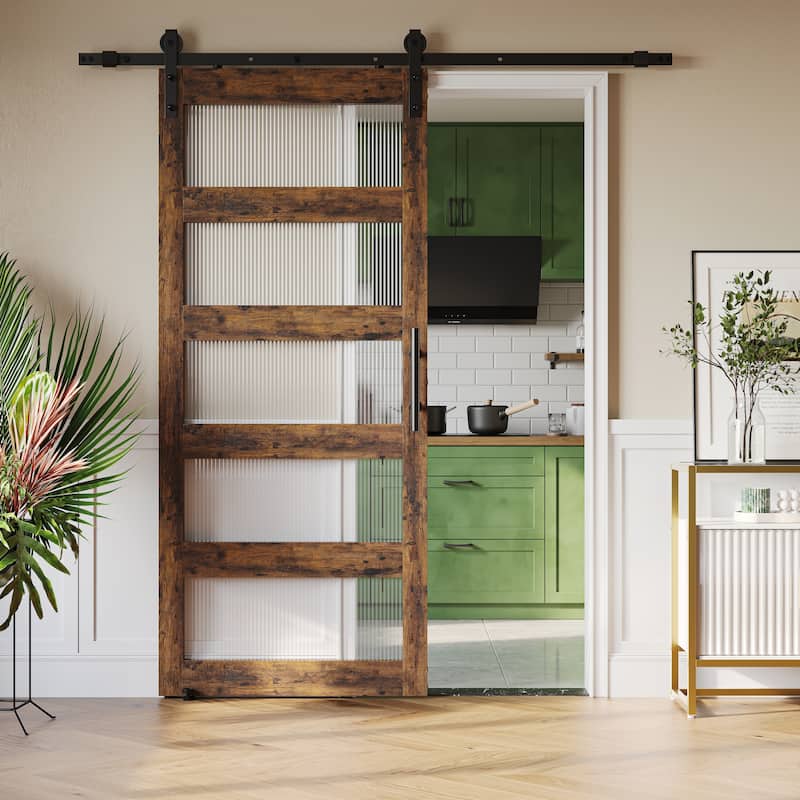 36 in × 84 in Sliding Frosted Glass Barn Door Interior Door with Installation Hardware Kit - N/A - Brown